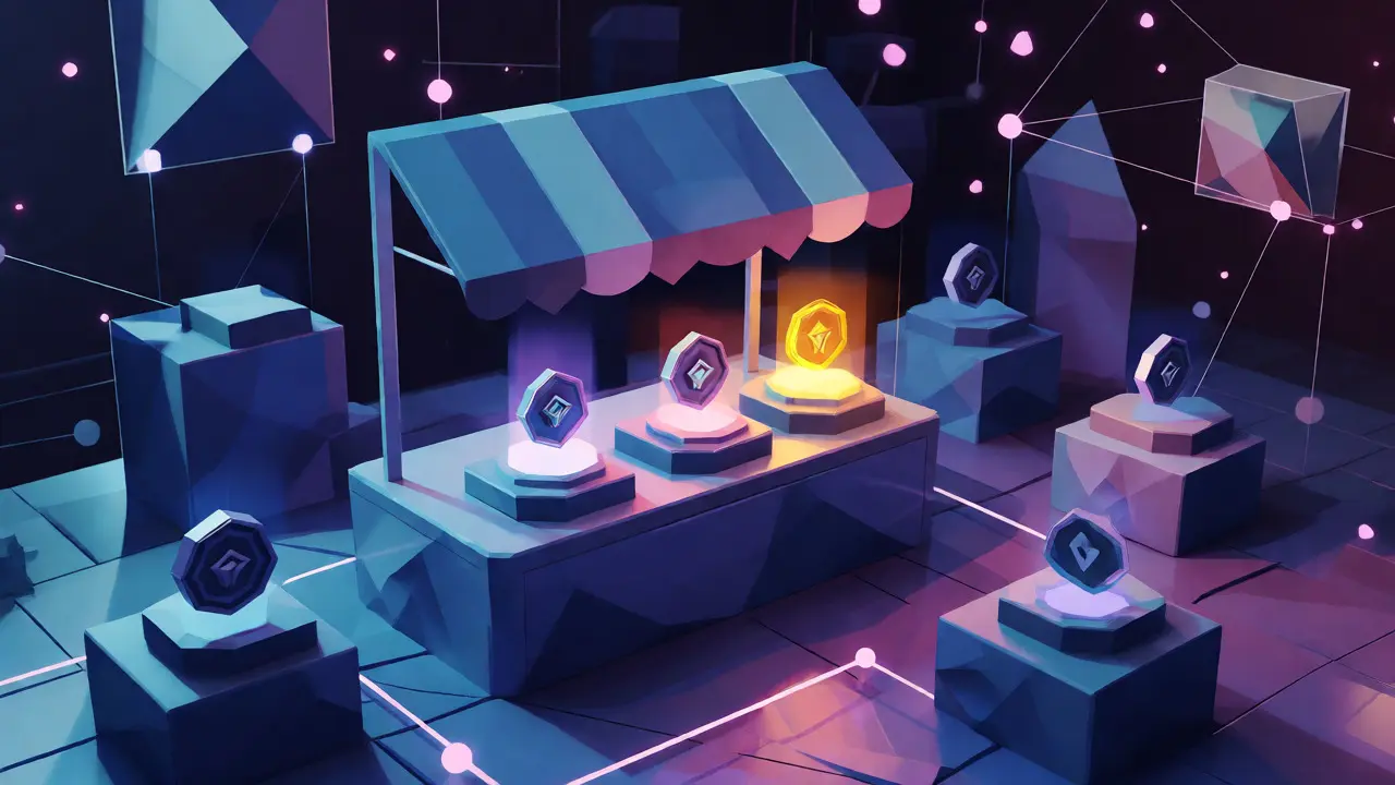 Glowing low-poly NFT tokens displayed in a virtual marketplace