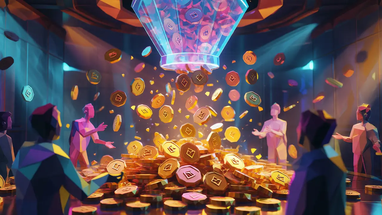Golden crypto tokens cascading from a vault to low poly community avatars