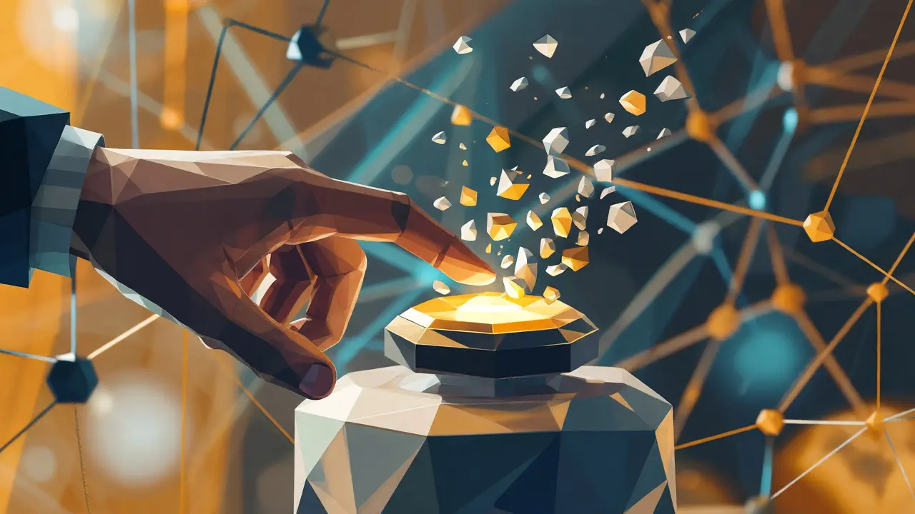 Hand touching a glowing claim button with particle effects in a low-poly style