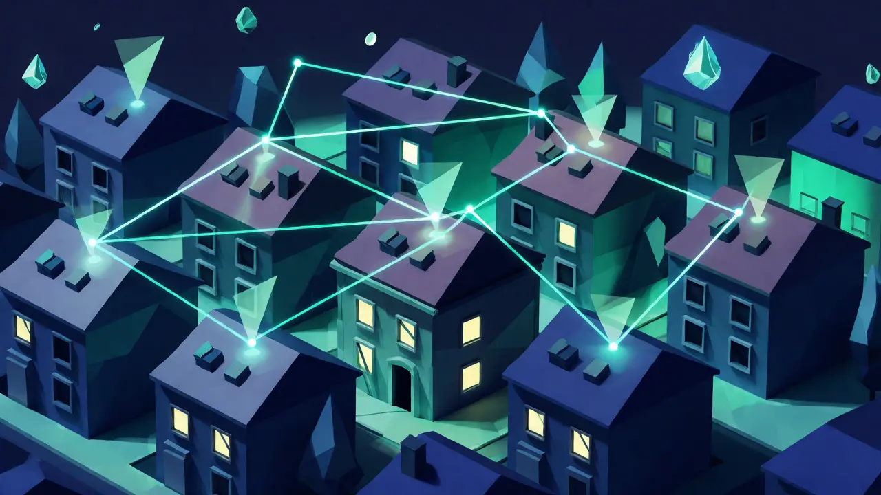 Isometric low poly neighborhood with connected hotspot beams