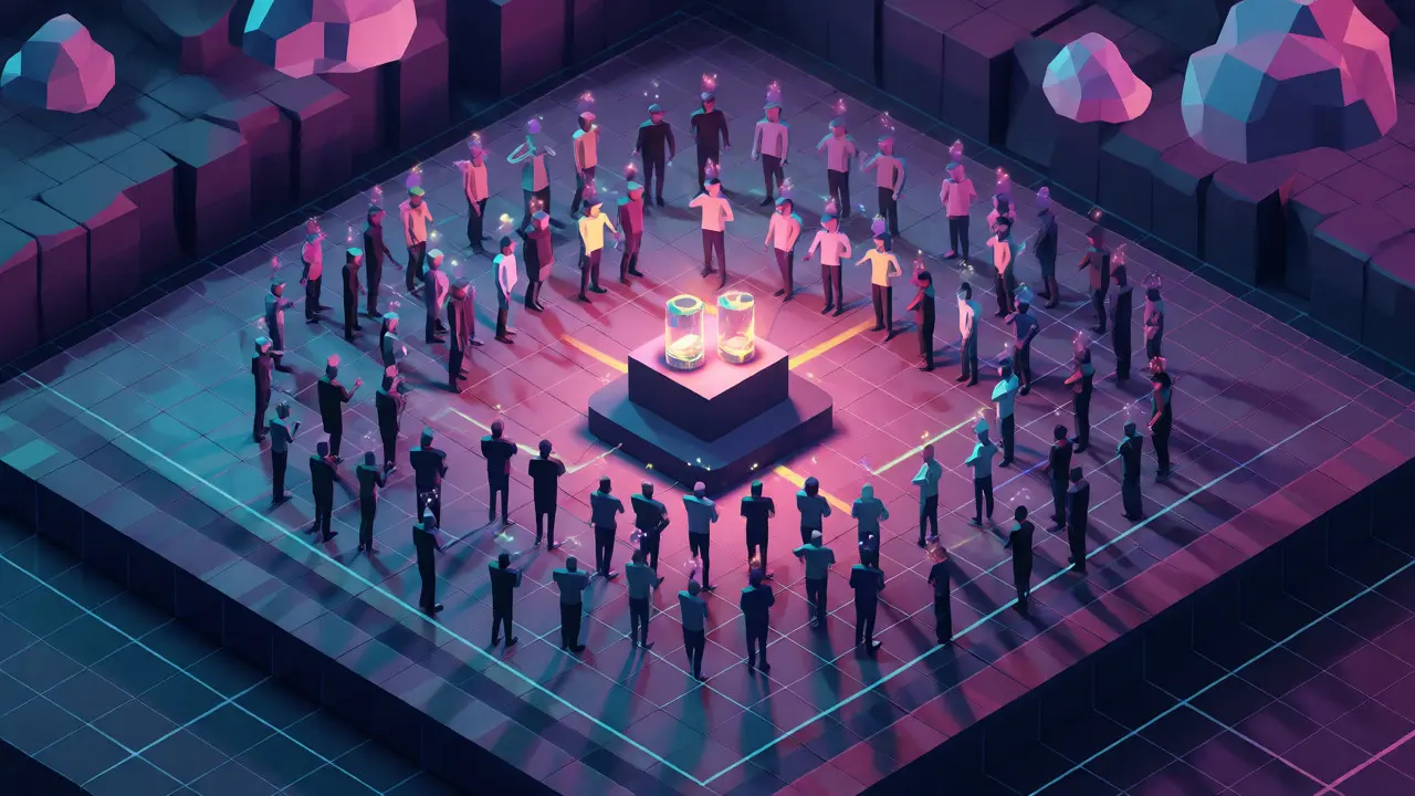 Isometric low poly scene of 101 avatars surrounding exclusive ingredient NFT rewards