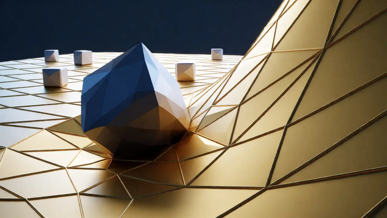 Large low poly block disrupting a golden wireframe price curve causing slippage.