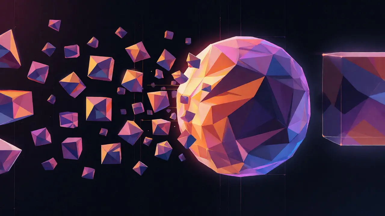Low poly art showing individual transactions being rolled up into a single batch.