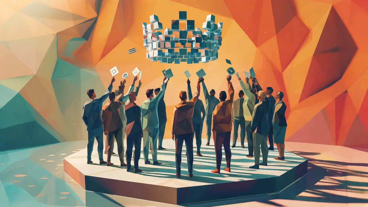 Low poly figures voting on a platform under a digital data crown