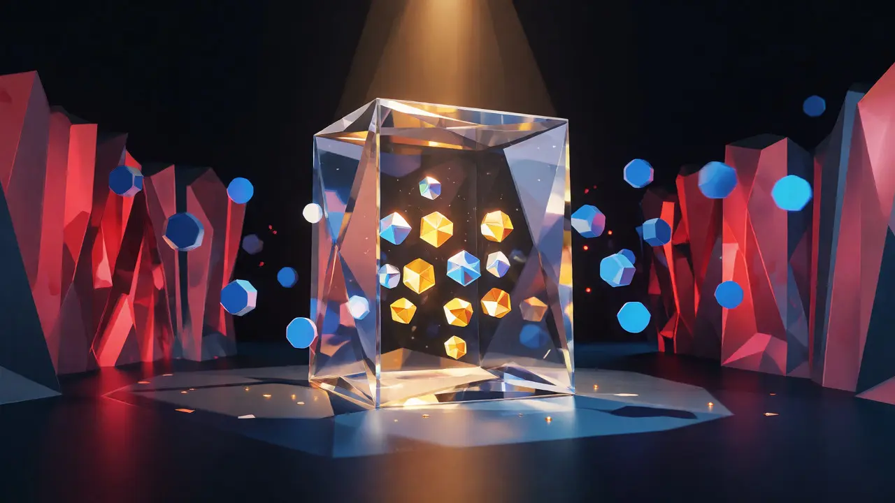 Low poly glass vault containing floating crypto tokens