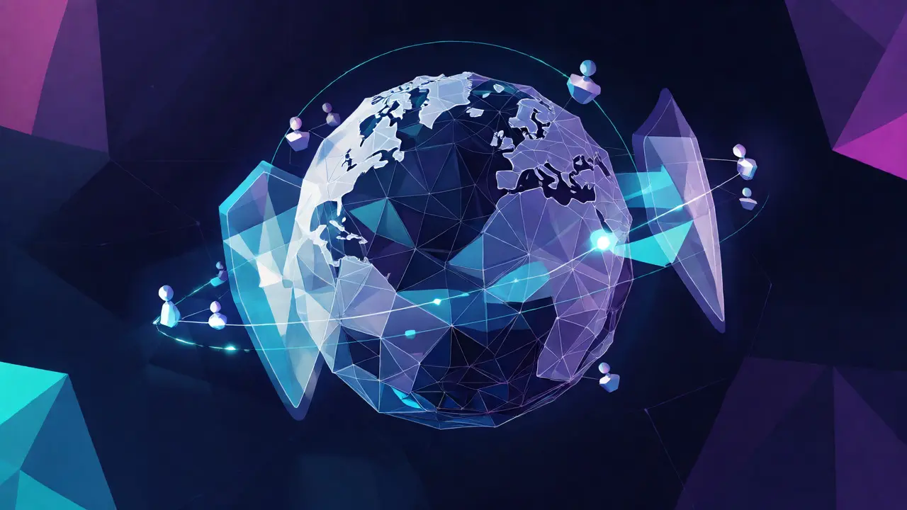 Low poly globe surrounded by layered security shields and connected nodes representing secure enterprise blockchain networks.