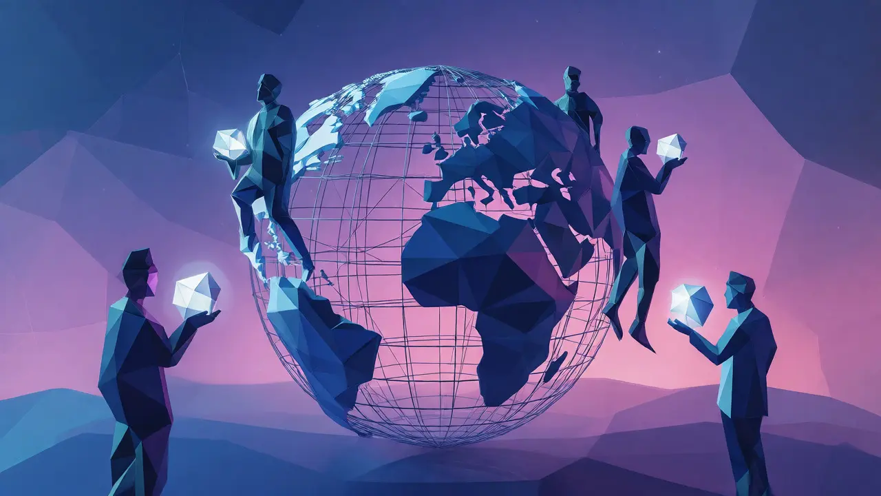 Low poly globe with figures holding glowing tokens