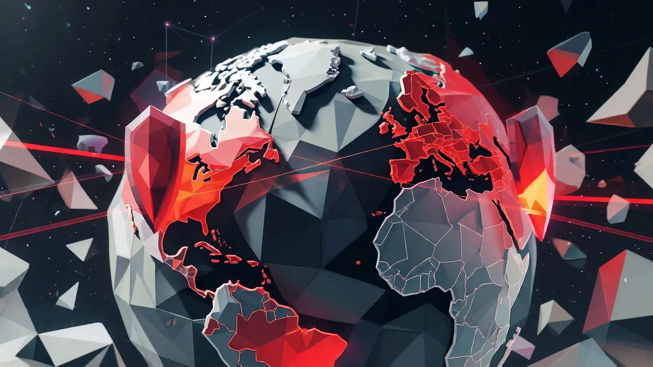 Low-poly globe with regulatory shields blocking cross-border crypto data streams