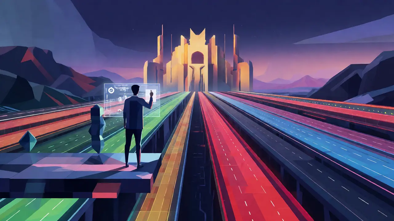 Low poly landscape of parallel Layer 2 networks leading to a secure Layer 1 settlement layer.