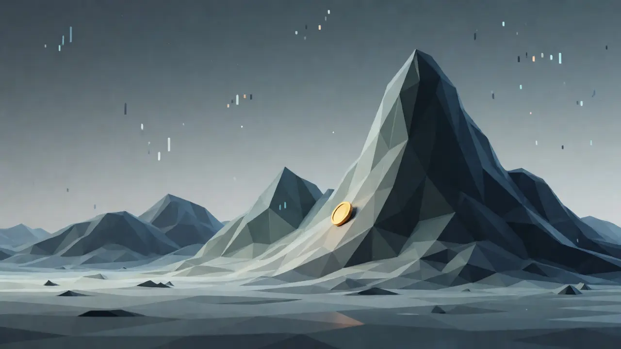 Low poly landscape showing a fragile golden coin on a steep slope, symbolizing FRTN's high volatility and risk.