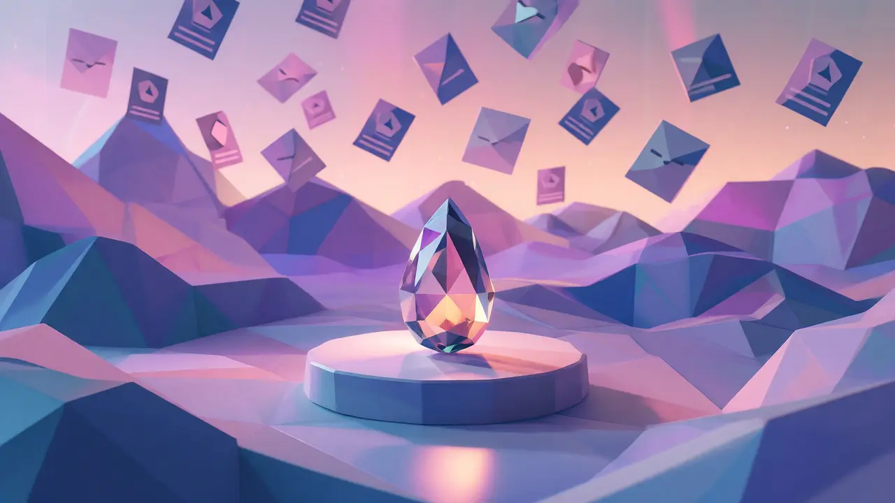 Low poly pear gem on a pedestal with abstract voting landscape in background.
