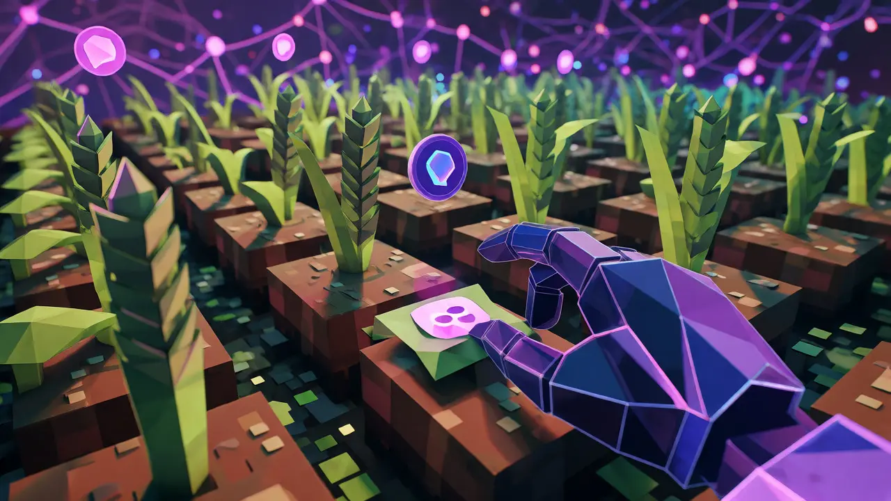 Low poly virtual farm with staking plants and glowing ORARE token harvests