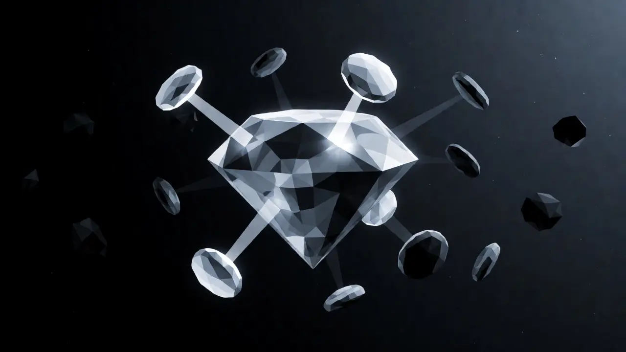 Orbiting low poly tokens around a central digital gem