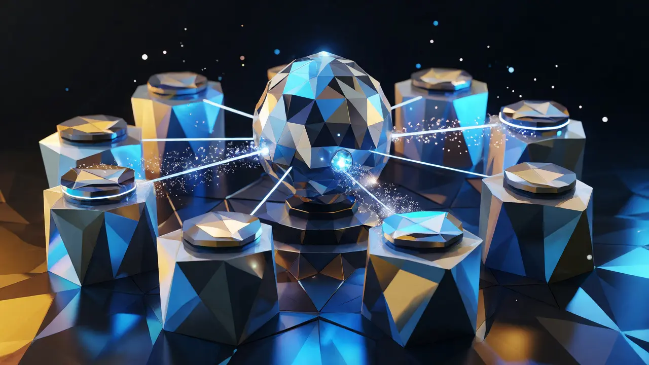Rotating low poly SWAP token sphere with staking rewards flowing inward