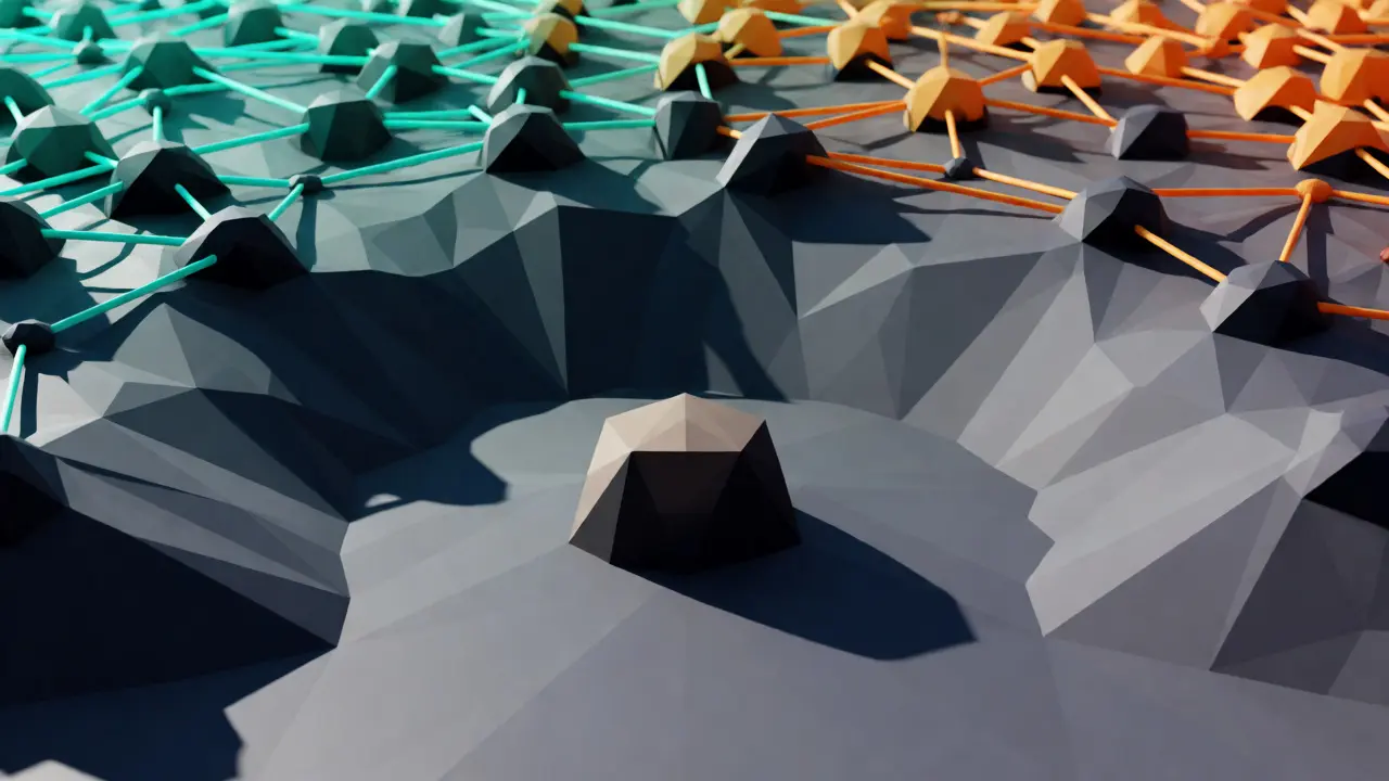Shrinking low-poly blockchain network showing ecosystem collapse