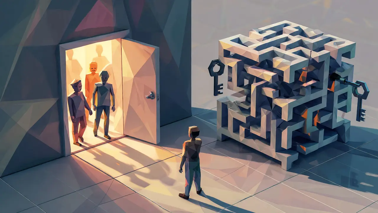 Split scene contrasting easy access versus complex blockchain setup hurdles.