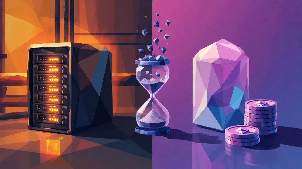 Split view comparing high-energy mining to proof-of-stake validation