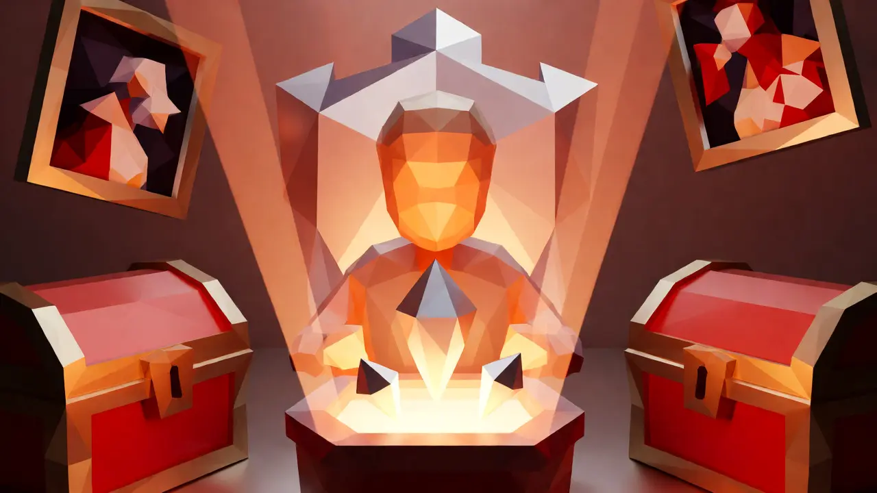 Stylized low poly character staking FRTN tokens to earn rewards in the Ryoshi Dynasties GameFi ecosystem.