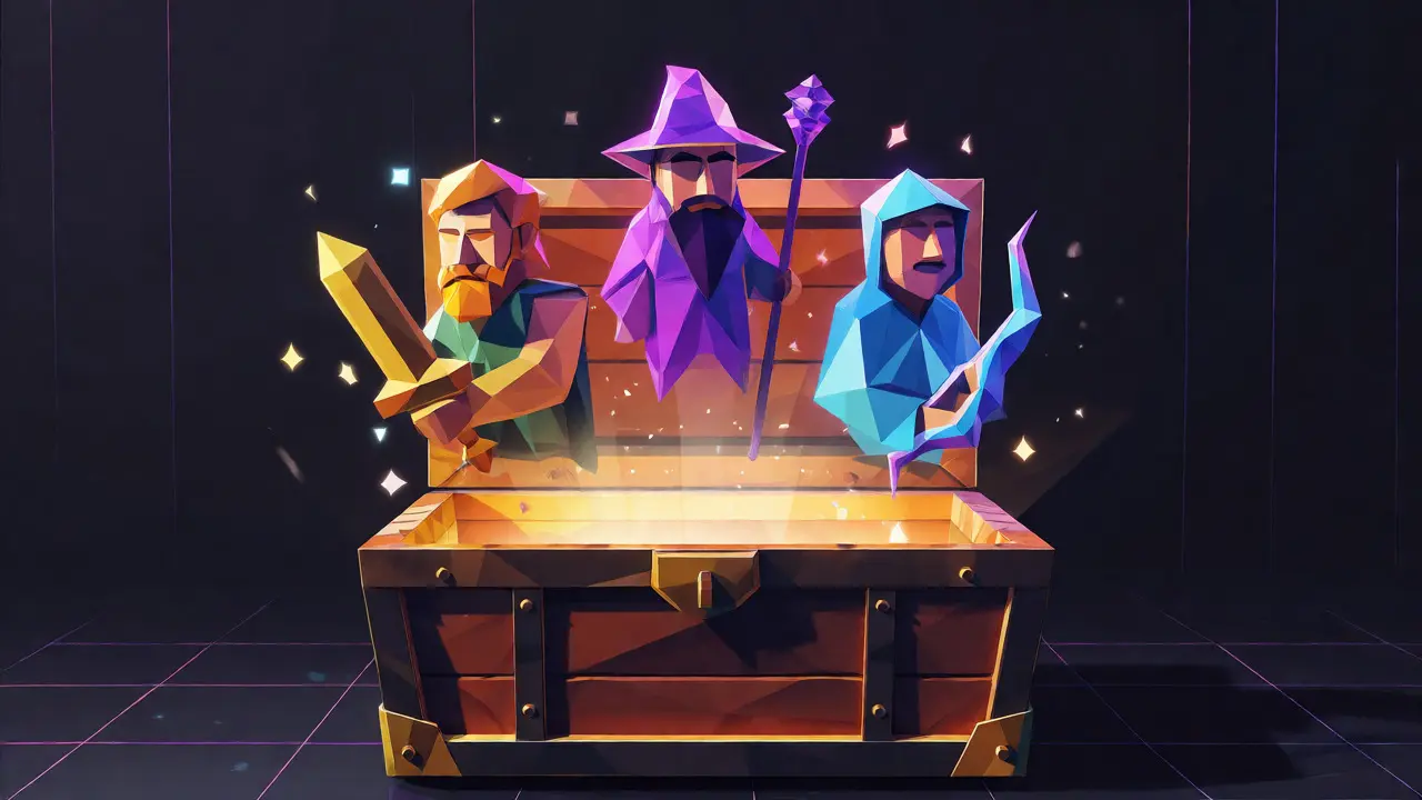 Three low-poly fantasy characters emerging from a treasure chest