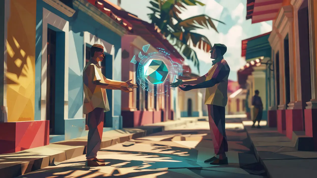 Two low poly figures exchanging a glowing digital coin in a Cuban street